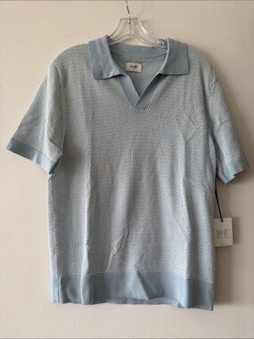 Academy Brand Pyne Knit Polo Shirt Blue 100% Cotton Mesh Retro V-Neck Men’s S
